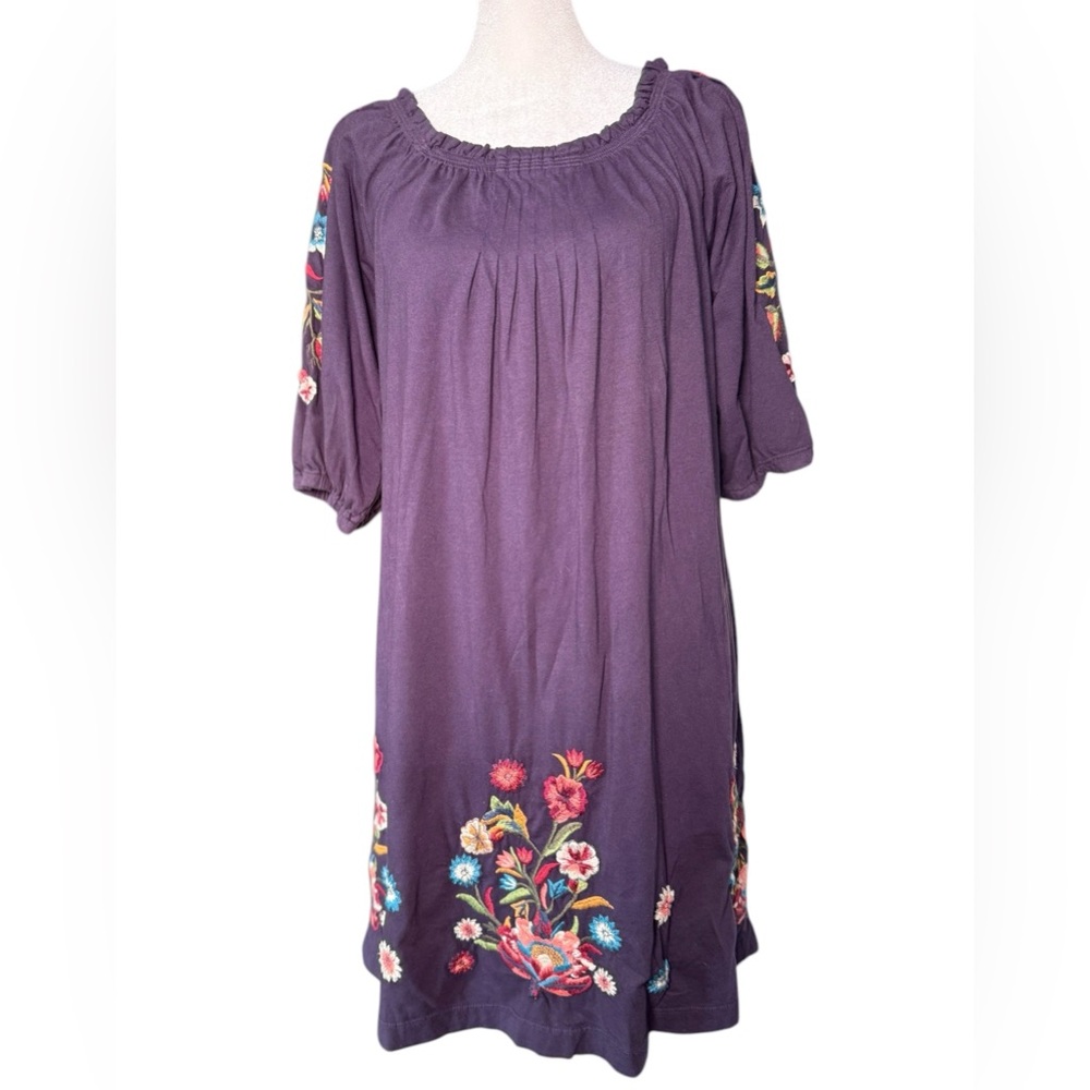 Johnny Was Purple Floral Embroidered Peasant Dress